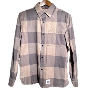 Signature Innovation Group Flannel Shirt Jacket Plaid Tan Small Snap Made In USA